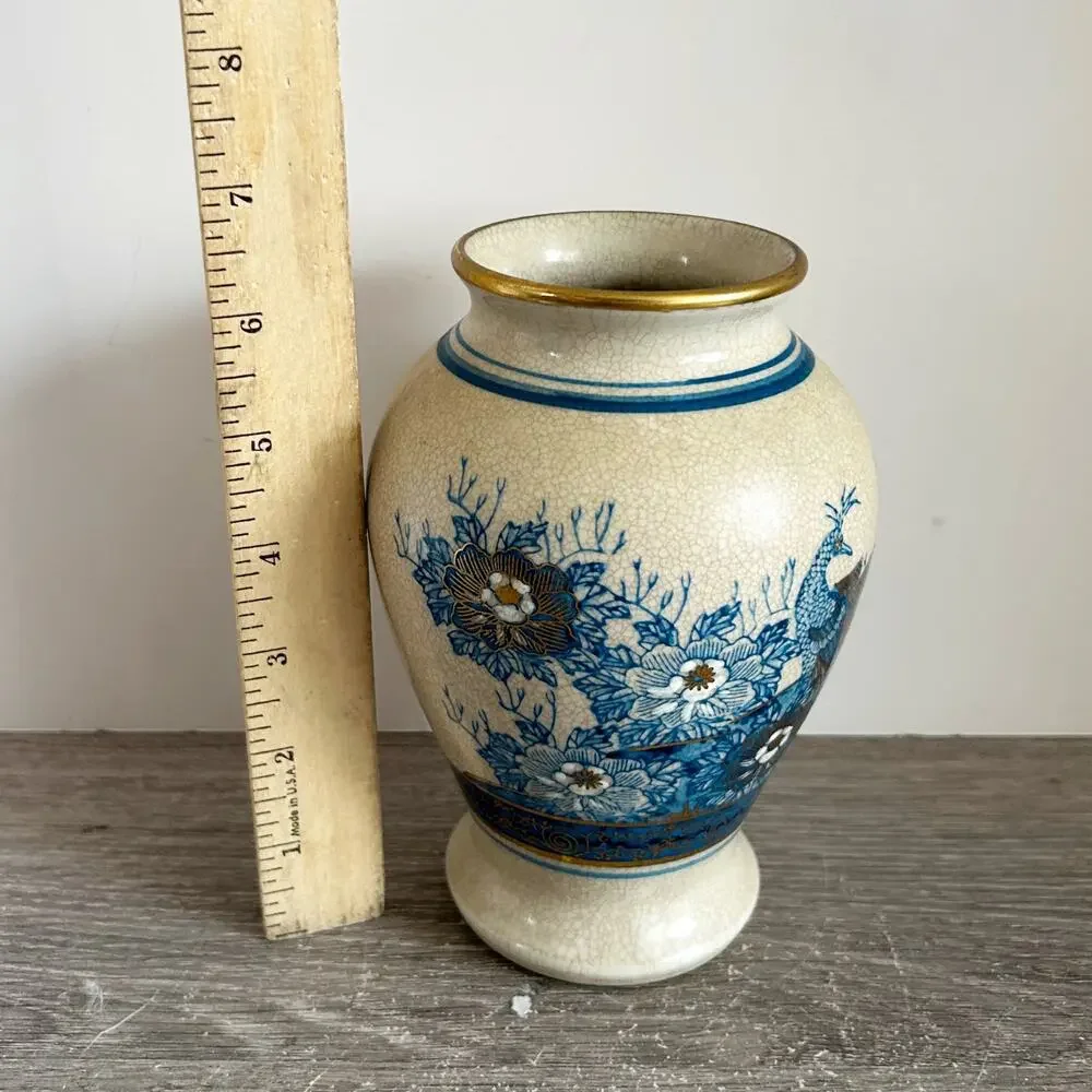 VNTG Japanese Blue/Gold Crackle Finish Porcelain Vase w/ Peacock & Sakura Design